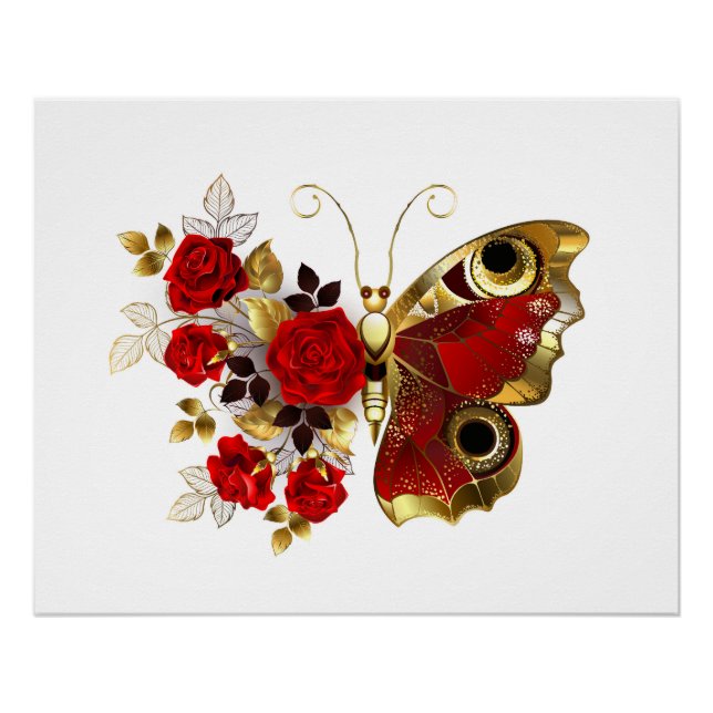 Póster Mariposa de flor roja con rosas rojas (Anverso)