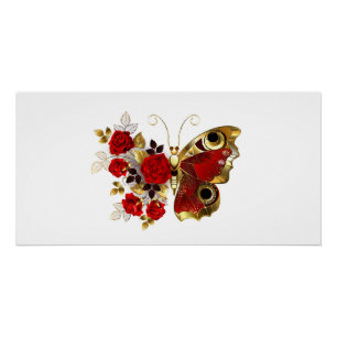 Póster Mariposa de flor roja con rosas rojas