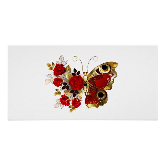 Póster Mariposa de flor roja con rosas rojas (Anverso)