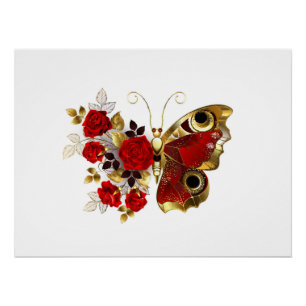 Póster Mariposa de flor roja con rosas rojas