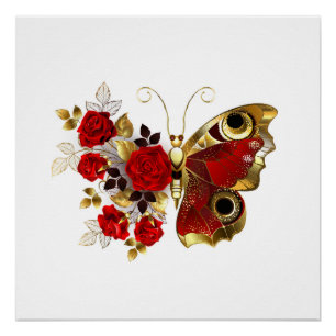 Póster Mariposa de flor roja con rosas rojas
