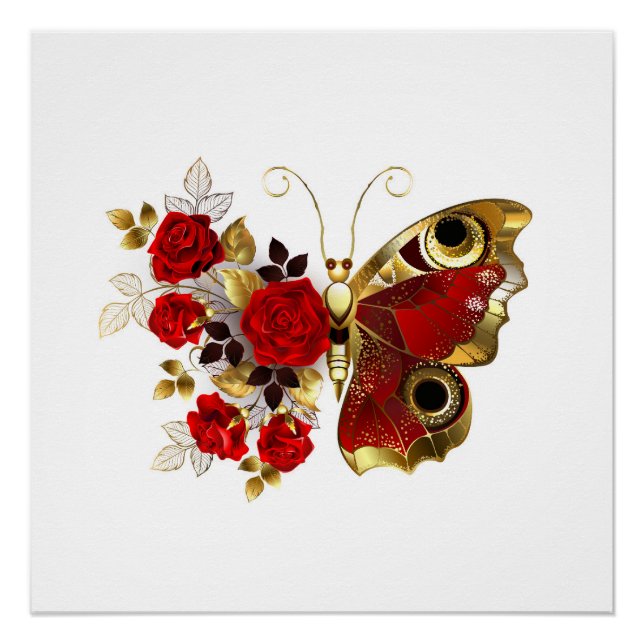 Póster Mariposa de flor roja con rosas rojas (Anverso)