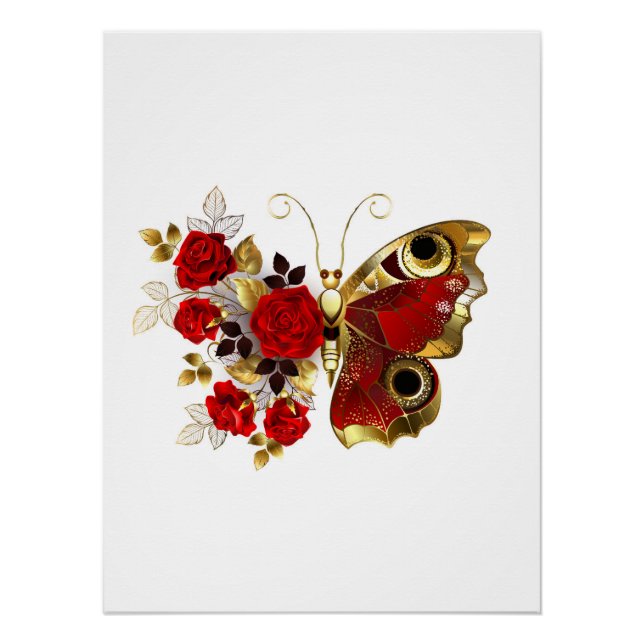 Póster Mariposa de flor roja con rosas rojas (Anverso)