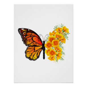 Póster Mariposa de flores con amapola amarilla de Califor