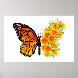 Póster Mariposa de flores con amapola amarilla de Califor