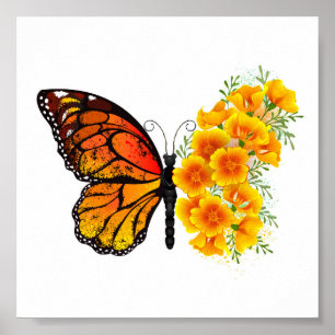 Póster Mariposa de flores con amapola amarilla de Califor