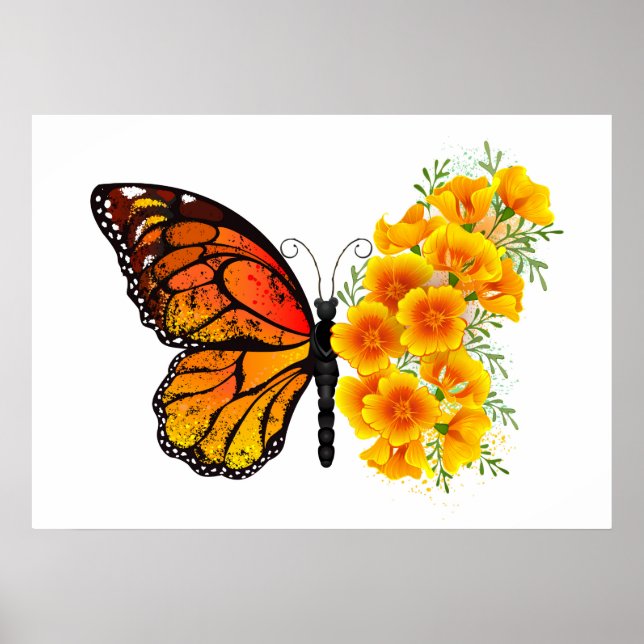 Póster Mariposa de flores con amapola amarilla de Califor (Frente)