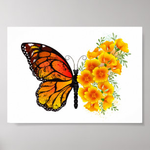 Póster Mariposa de flores con amapola amarilla de Califor