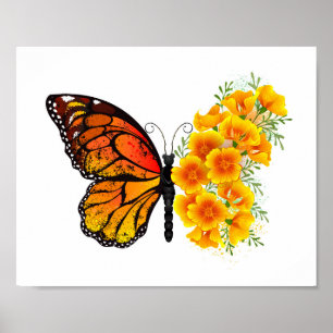 Póster Mariposa de flores con amapola amarilla de Califor