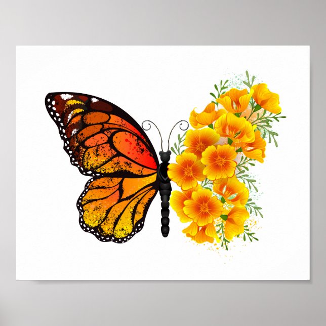 Póster Mariposa de flores con amapola amarilla de Califor (Frente)