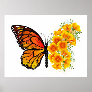Póster Mariposa de flores con amapola amarilla de Califor