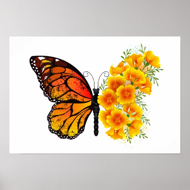 Póster Mariposa de flores con amapola amarilla de Califor (Frente)