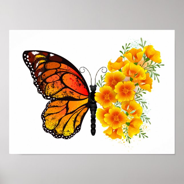 Póster Mariposa de flores con amapola amarilla de Califor (Frente)