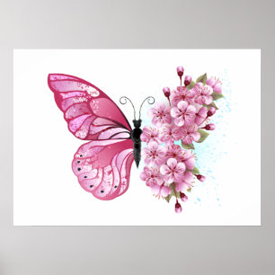 Póster Mariposa de flores con Sakura rosa