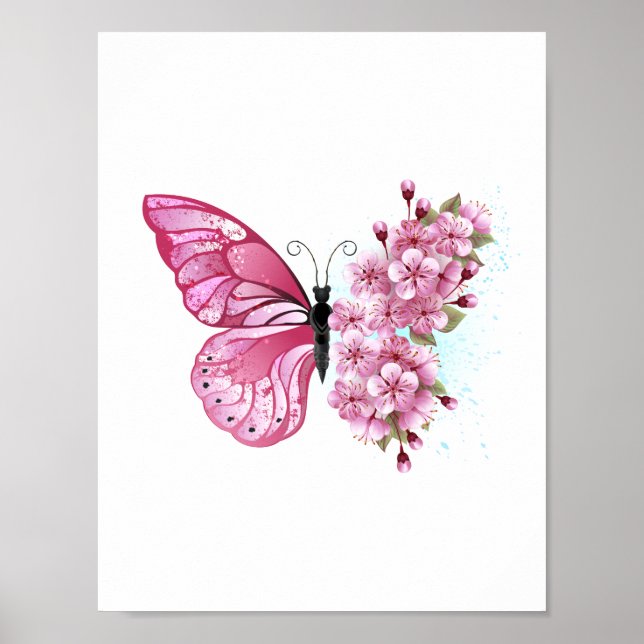 Póster Mariposa de flores con Sakura rosa (Frente)