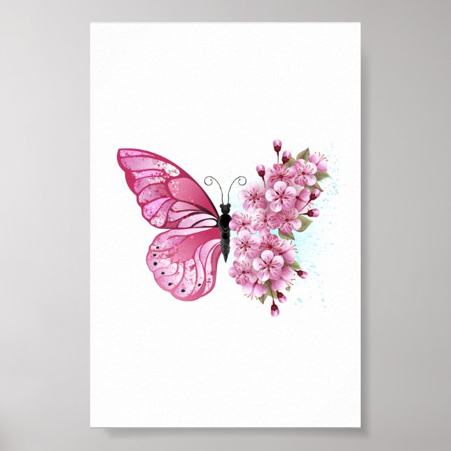 Póster Mariposa de flores con Sakura rosa (Frente)