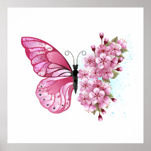 Póster Mariposa de flores con Sakura rosa
