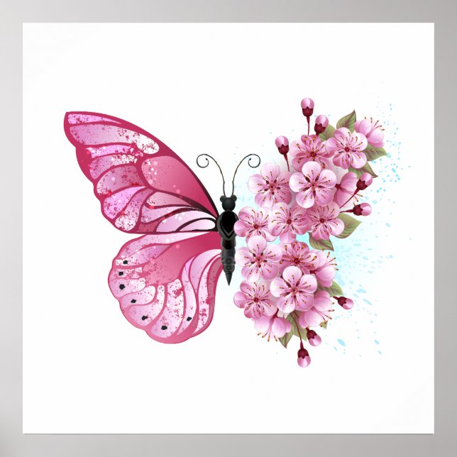 Póster Mariposa de flores con Sakura rosa (Frente)