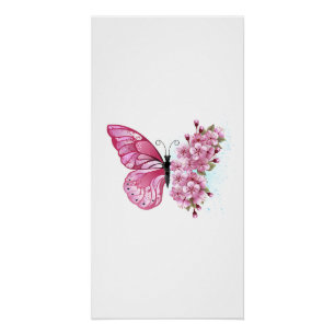 Póster Mariposa de flores con Sakura rosa
