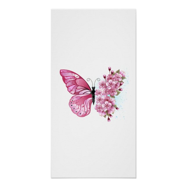 Póster Mariposa de flores con Sakura rosa (Anverso)