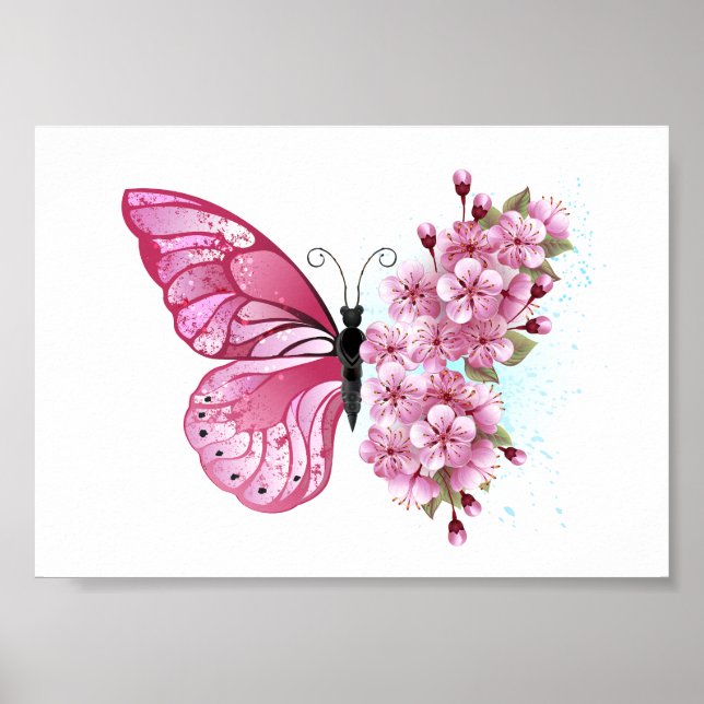 Póster Mariposa de flores con Sakura rosa (Frente)