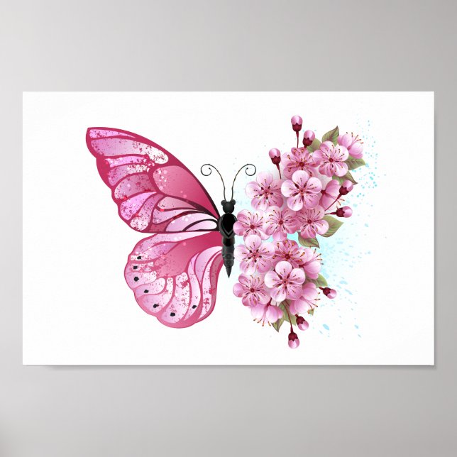 Póster Mariposa de flores con Sakura rosa (Frente)