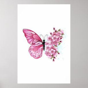 Póster Mariposa de flores con Sakura rosa