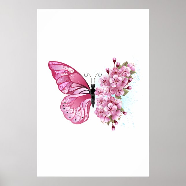 Póster Mariposa de flores con Sakura rosa (Frente)