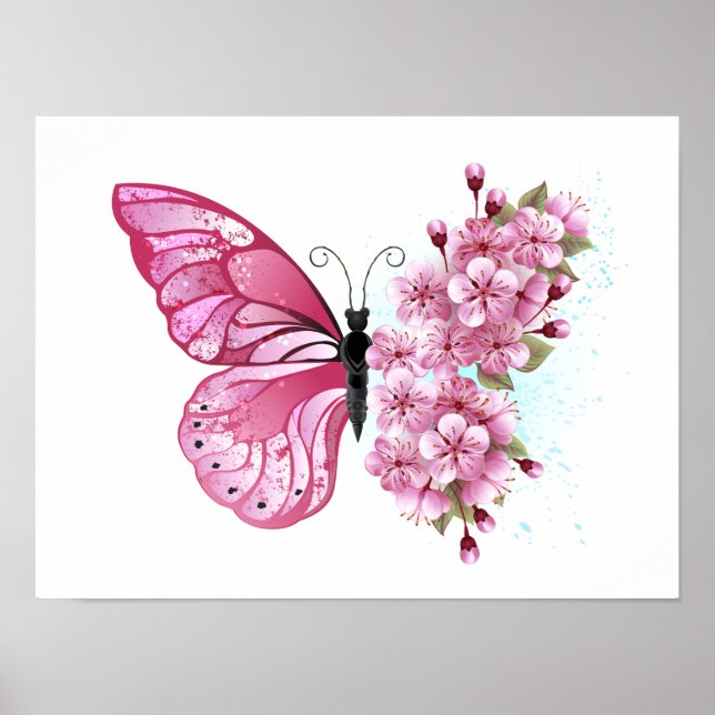 Póster Mariposa de flores con Sakura rosa (Frente)