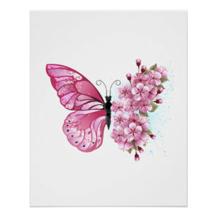 Póster Mariposa de flores con Sakura rosa