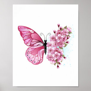 Póster Mariposa de flores con Sakura rosa