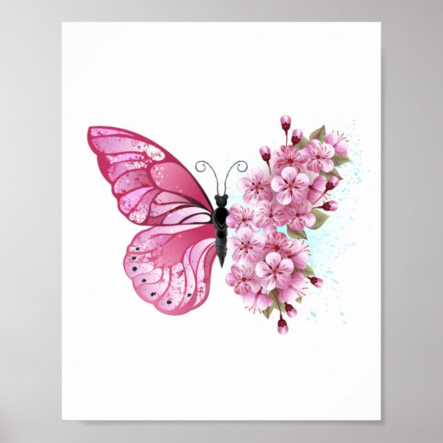 Póster Mariposa de flores con Sakura rosa (Frente)