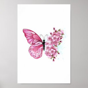 Póster Mariposa de flores con Sakura rosa