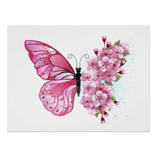 Póster Mariposa de flores con Sakura rosa