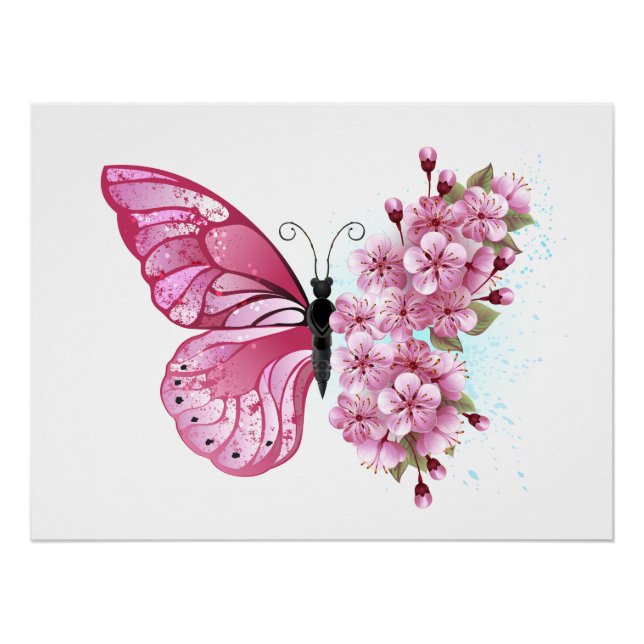 Póster Mariposa de flores con Sakura rosa (Anverso)