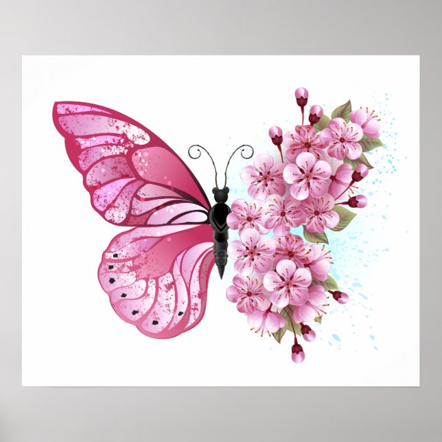 Póster Mariposa de flores con Sakura rosa (Frente)