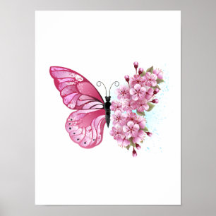 Póster Mariposa de flores con Sakura rosa