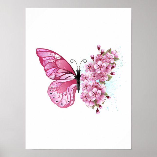 Póster Mariposa de flores con Sakura rosa (Frente)