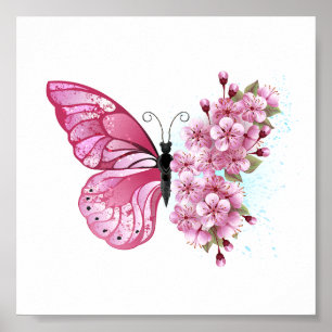 Póster Mariposa de flores con Sakura rosa