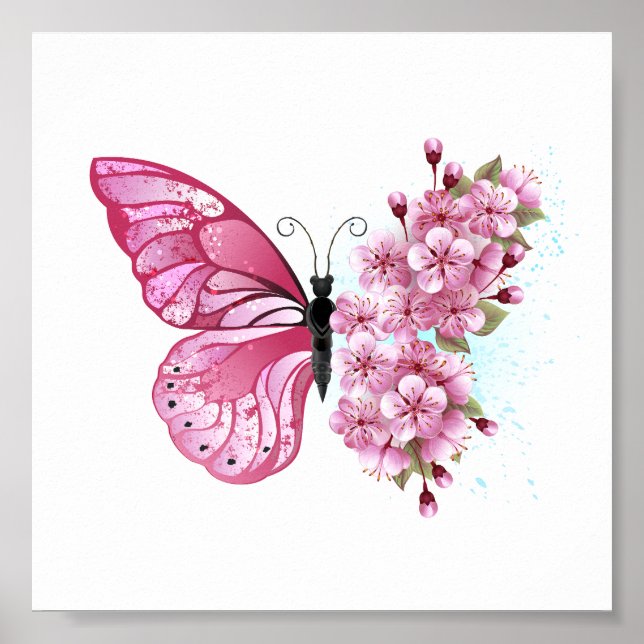 Póster Mariposa de flores con Sakura rosa (Frente)