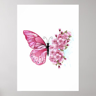 Póster Mariposa de flores con Sakura rosa