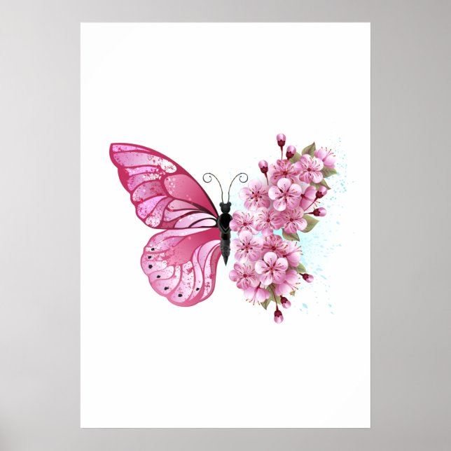 Póster Mariposa de flores con Sakura rosa (Frente)