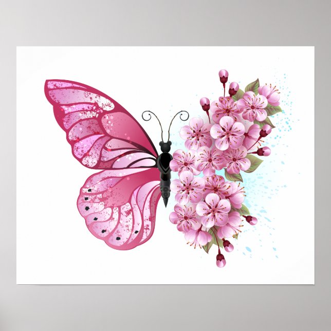 Póster Mariposa de flores con Sakura rosa (Frente)