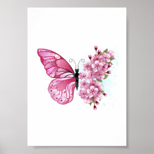 Póster Mariposa de flores con Sakura rosa