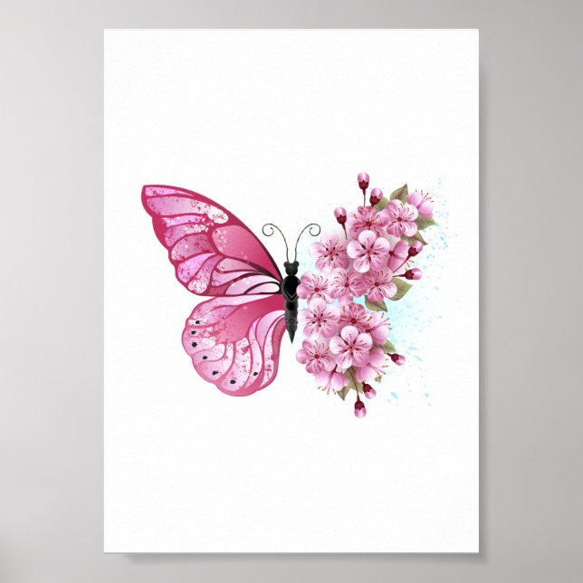 Póster Mariposa de flores con Sakura rosa (Frente)