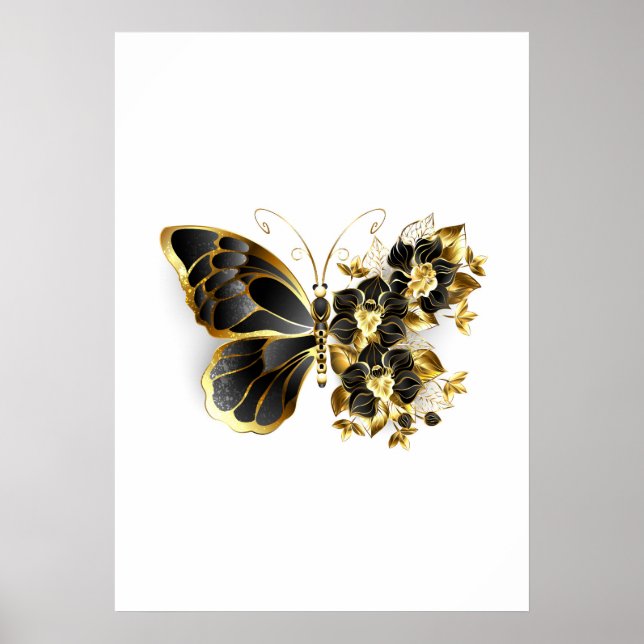 Póster Mariposa de flores de oro con orquídea negra (Frente)