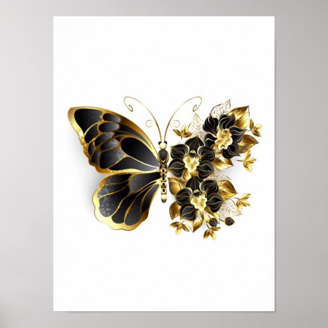 Póster Mariposa de flores de oro con orquídea negra (Frente)