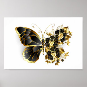 Póster Mariposa de flores de oro con orquídea negra