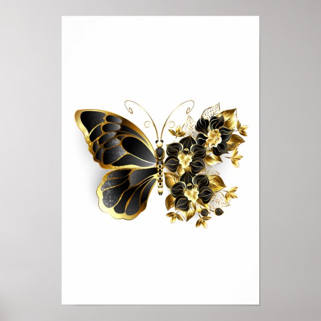 Póster Mariposa de flores de oro con orquídea negra (Frente)