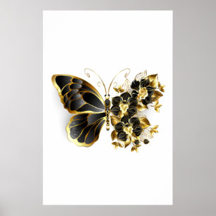 Póster Mariposa de flores de oro con orquídea negra